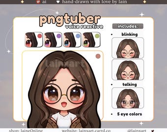 Cute PNGtuber Glasses Model | LIGHT Girl BRUNETTE Chibi | 5 Eye Color | Ready to Use Premade Twitch Streaming Avatar Reactive Veadotube