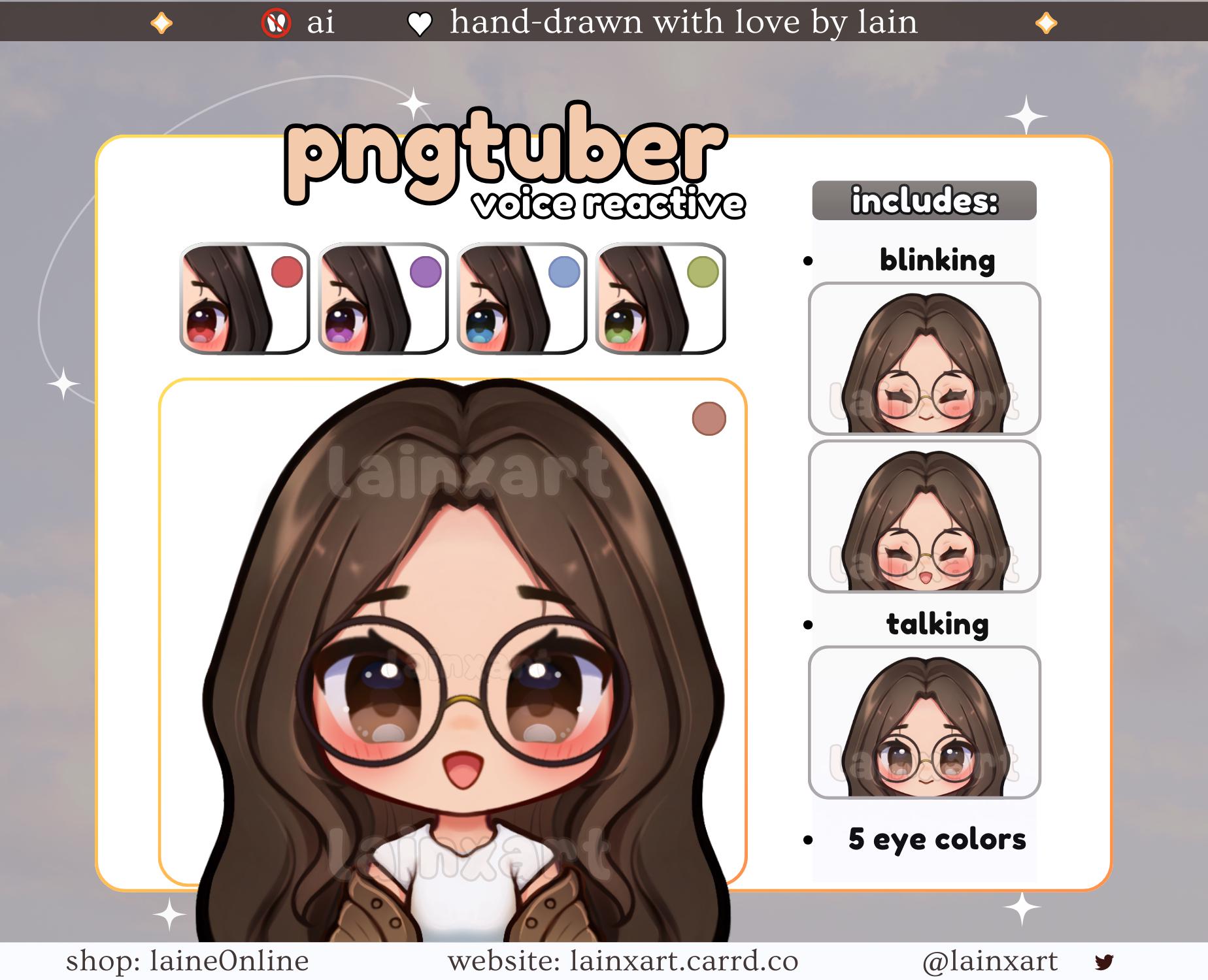 Cute PNGtuber Glasses Model | LIGHT Girl BRUNETTE Chibi | 5 Eye Color | Ready to Use Premade Twitch Streaming Avatar Reactive Veadotube