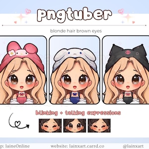 Puede incluir: Tres ilustraciones digitales de un personaje de dibujos animados con cabello rubio y ojos marrones. El personaje lleva diferentes sombreros: un sombrero Hello Kitty rosa y blanco, un sombrero de conejo blanco y azul y un sombrero de gato negro y blanco. El personaje tiene diferentes expresiones faciales, incluyendo parpadeos y hablar.