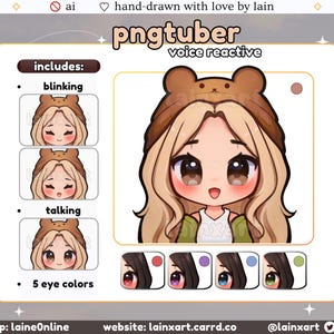 Cute Bear PNGtuber Model | LIGHT Kawaii Girl BLONDE HAIR Chibi 5 Eye Color | Ready to Use Premade Twitch Streaming Avatar Reactive Veadotube