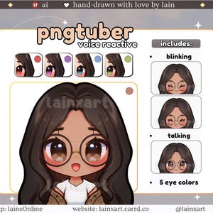 Cute PNGtuber Glasses Model | TAN Girl BLACK HAIR Chibi | 5 Eye Color | Ready to Use Premade Twitch Streaming Avatar Reactive Veadotube