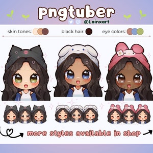 PNGtuber pack cute Chibi girl kawaii kitty melody bunny cinnamon roll | curls Black Hair Light Tan Dark Skin Premade Model Twitch Discord