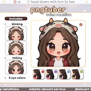 May include: A digital PNGTuber avatar with a cow-themed hat, featuring blinking and talking animations, and five eye color options. The avatar is hand-drawn and voice reactive. Includes the text "pngtuber voice reactive".