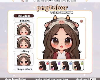 May include: A digital PNGTuber avatar with a cow-themed hat, featuring blinking and talking animations, and five eye color options. The avatar is hand-drawn and voice reactive. Includes the text "pngtuber voice reactive".