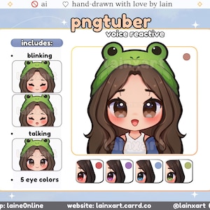 Cute Frog PNGtuber Model | LIGHT Kawaii Girl BRUNETTE Chibi | 5 Eye Color | Ready to Use Premade Twitch Streaming Avatar Reactive Veadotube