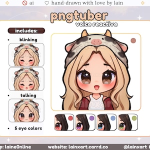 Cute Cow PNGtuber Model | LIGHT Kawaii Girl BLONDE HAIR Chibi |5 Eye Color | Ready to Use Premade Twitch Streaming Avatar Reactive Veadotube