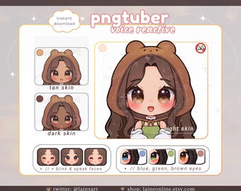 Cute Bear PNGtuber Chibi Girl BROWN HAIR Model Voice Reactive PNG tuber Streaming Avatar Twitch