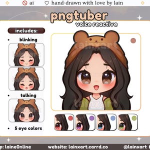 かわいいクマのPNGtuberモデル | 明るいかわいい女の子黒髪チビ | 5つの目の色 | すぐに使える既製のTwitchストリーミングアバターリアクティブVeadotube