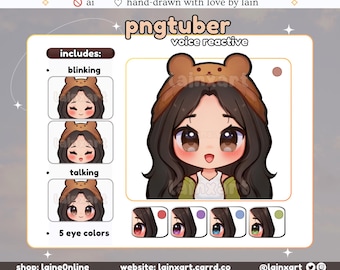 Cute Bear PNGtuber Model | LIGHT Kawaii Girl BLACK HAIR Chibi |5 Eye Color | Ready to Use Premade Twitch Streaming Avatar Reactive Veadotube