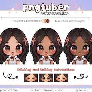 PNGtuber かわいいちびガール | 黒髪三つ編み 茶色の目 3 肌の色 | 既成アバターモデル リアクティブ ストリーミング Twitch Discord