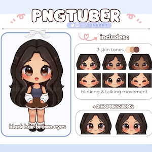 PNGtuber かわいいちびガール | 黒髪 茶色の目 3 肌の色 | 既成のアバターモデル リアクティブ ストリーミング Twitch Discord
