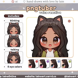 Cute Cat PNGtuber Model | TAN Kawaii Girl BLACK HAIR Chibi | 5 Eye Color | Ready to Use Premade Twitch Streaming Avatar Reactive Veadotube