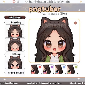かわいい猫 PNGtuber モデル | 明るいかわいい女の子黒髪ちび 5 目の色 | すぐに使える既製の Twitch ストリーミングアバター リアクティブ Veadotube