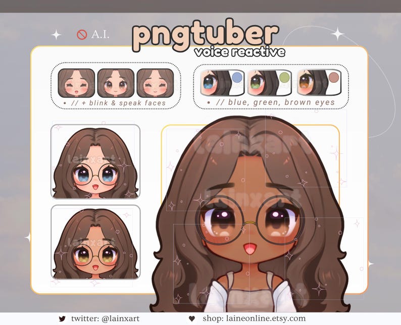 Cute Pngtuber Glasses Model BROWN HAIR Chibi (3 Skin Tone) Kawaii Anime ...