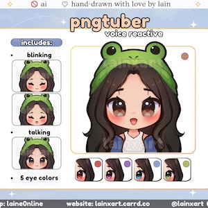 かわいいカエル PNGtuber モデル | 明るいかわいい女の子黒髪チビ | 5 色の目の色 | すぐに使える既製の Twitch ストリーミングアバター リアクティブ Veadotube