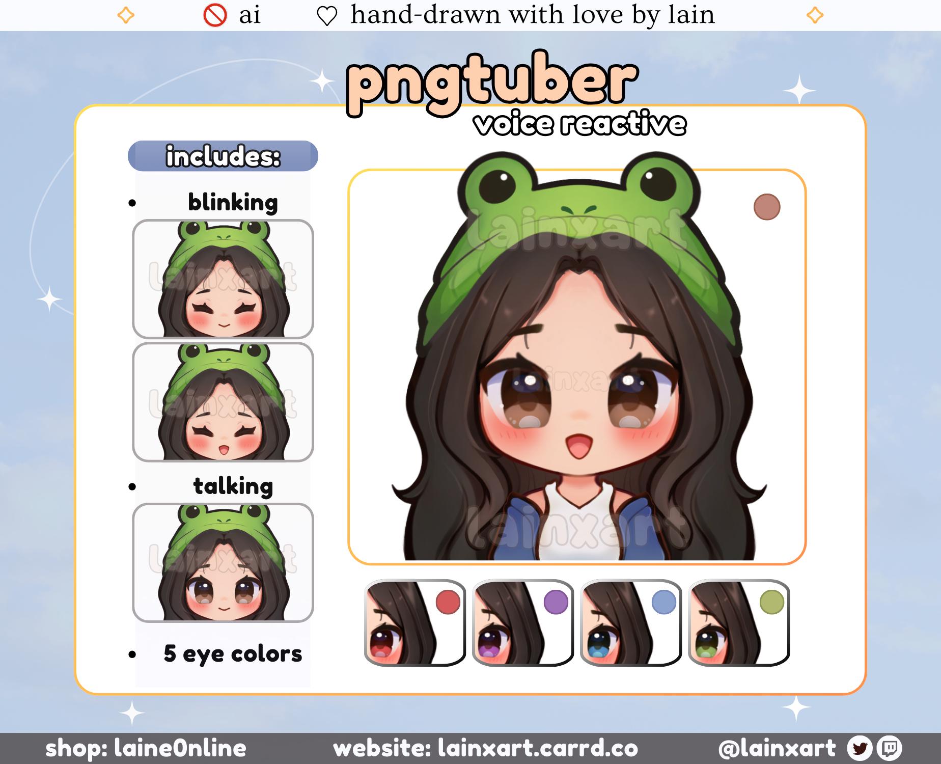 Cute Frog PNGtuber Model | LIGHT Kawaii Girl BLACK HAIR Chibi |5 Eye Color | Ready to Use Premade Twitch Streaming Avatar Reactive Veadotube