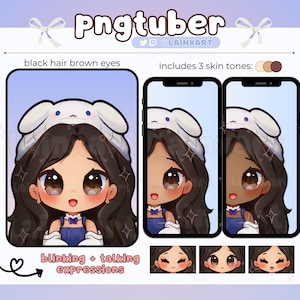 シナモンロール PNGtuber かわいいちびガール | 黒髪 茶色の目 3 肌の色 | 既成のアバターモデル リアクティブストリーミング Twitch Discord