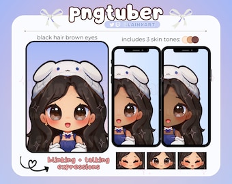 Kawaii Cinnamon Roll PNGtuber Model: Black Hair Chibi Anime Girl Premade Voice Reactive Streaming Avatar