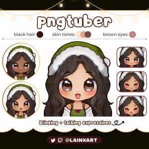 May include: Digital art of a Pngtuber character with black hair, brown eyes, and various skin tones. The character wears a green and white hat and has multiple expressions, including blinking and talking. The image includes the text "Pngtuber" and the artist's social media handle.