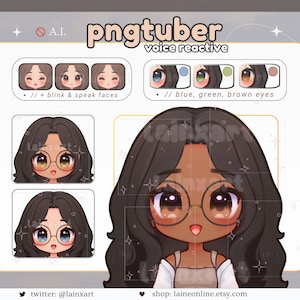 かわいい PNGtuber メガネモデル 黒髪 ちびキャラ (3 スキントーン) カワイイアニメガール 既製ストリーミングアバター 音声反応型 Twitch Veadotube