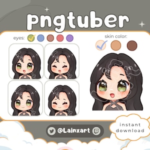 PNGtuber cute Dark Brown Black Brunette Long Hair Chibi Anime Girl Green Eyes | Premade Vtuber Model Light Skin Tone | Twitch Youtube Kick