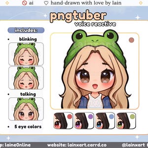 Cute Frog PNGtuber Model | LIGHT Kawaii Girl BLONDE hair Chibi 5 Eye Color | Ready to Use Premade Twitch Streaming Avatar Reactive Veadotube