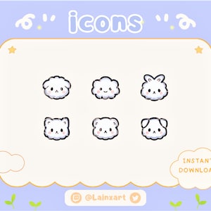 May include: Set of six cute cartoon animal icons with a white background and black outlines. The icons include a cloud, a bunny, a dog, and three bears.