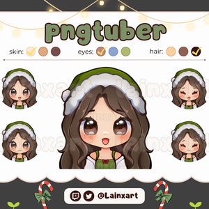 Puede incluir: Ilustración digital de un avatar de dibujos animados con cabello castaño y ojos grandes, usando un gorro navideño verde y blanco. La palabra "Pngtuber" está en la parte superior. También hay avatares y muestras de color adicionales.