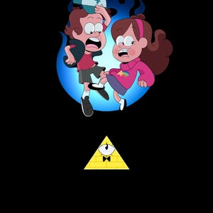 May include: Cartoon illustration featuring two characters in a blue flame-like background. One character wears a red shirt, gray shorts, and a hat. The other character wears a pink sweater. A yellow triangle with an eye is at the bottom.