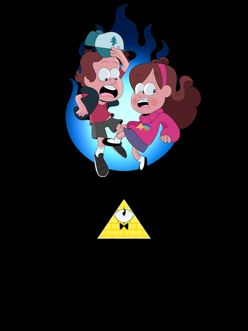 May include: Cartoon illustration featuring two characters in a blue flame-like background. One character wears a red shirt, gray shorts, and a hat. The other character wears a pink sweater. A yellow triangle with an eye is at the bottom.