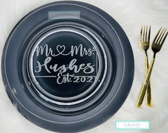 Mr. and Mrs. Plate Set, Engraved Wedding Plate and Forks, Anniversary Set, Newlywed Gift, Monogrammed Plate, Mr and Mrs Cake Plate Set, Gold