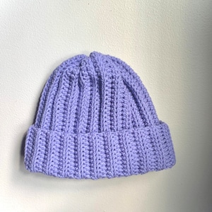 May include: A lavender crocheted beanie hat. The hat has a ribbed texture and a folded brim.