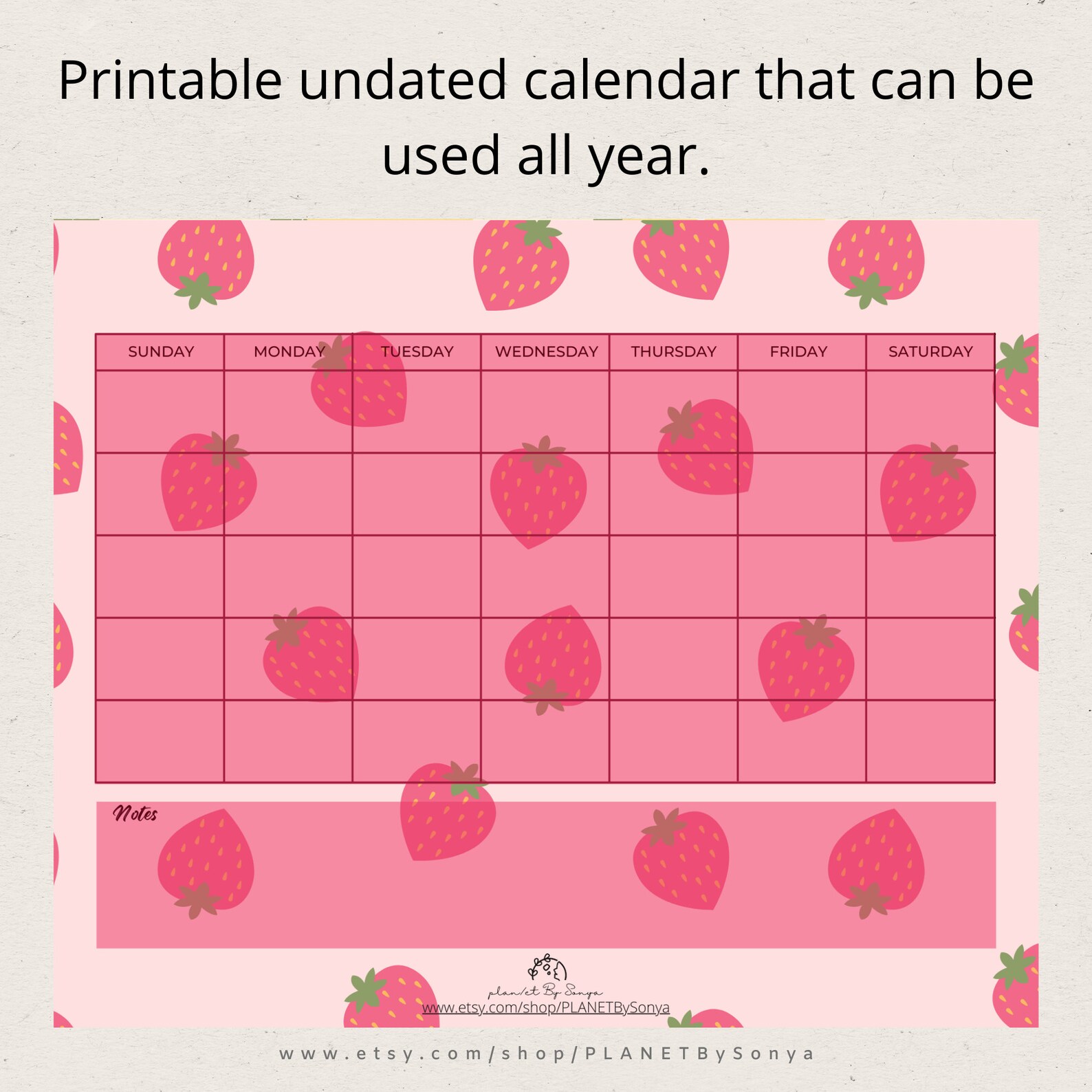 Undated Calendar Strawberry Theme Printable Calendar Etsy