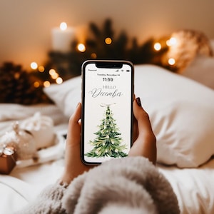 Blocco schermo del telefono con fiocco natalizio, sfondo natalizio per iPhone, Natale neutro, sfondo natalizio estetico