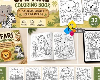 30 Desenhos Fofos de Animais da Savana para Colorir | Livro de Colorir Amigos da Savana para Crianças | PDF para Imprimir | Livro de Colorir Fácil para Crianças de 2 a 6 Anos | Formatos A4 e Carta (EUA)