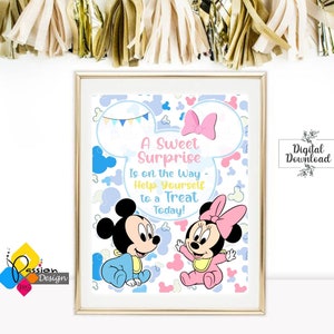 May include: A printable sign with a blue and pink Mickey Mouse and Minnie Mouse design. The sign says "A Sweet Surprise Is on the Way - Help Yourself to a Treat Today!"
