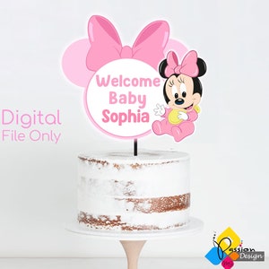 Printable Baby Minnie Mouse Baby Shower Centerpiece. Custom Minnie Name Cake Topper. DIY Minnie Mouse Welcome Baby Centerpiece. Minnie Mouse