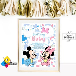 Printable Baby MICKEY and Minnie MOUSE Gender Reveal Sign. Don&#39;t Say BABY Game Poster. Mickey and Minnie Mouse Baby Sign. Instant Download