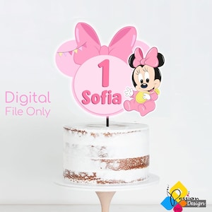 Printable Baby Minnie Mouse First Birthday Centerpiece. Custom Minnie Name Cake Topper. DIY Minnie Mouse Birthday Centerpiece. Minnie Mouse