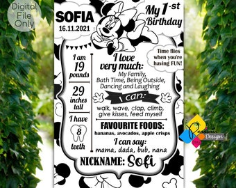 Tablero de hitos monocromático de MINNIE MOUSE para imprimir. Letrero de hito del primer cumpleaños de Minnie Mouse. Póster personalizado de Minnie Mouse en blanco y negro