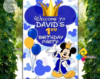 Printable MICKEY MOUSE Prince Birthday Welcome Board. Custom Mickey Mouse Royal Blue Birthday Welcome Sign. Digital Mickey Mouse Poster