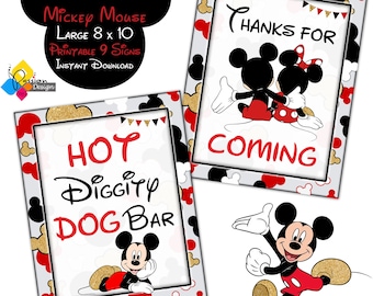 Printable Mickey Mouse 9 Birthday Party Signs. Instant Download Mickey Mouse Large 8x10 Sign Package. Digital Set Mickey Mouse Party Signs
