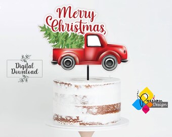 Printable Merry Christmas Cake Topper. DIY CHRISTMAS Cake Topper. Digital Xmas Centerpiece. Red Vintage Truck. Green Tree. Instant Download