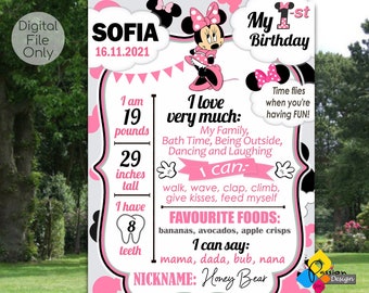 Printable MINNIE MOUSE Milestone Board. First Birthday Minnie Mouse Pink Milestone Sign. Personalized Minnie Mouse Poster for First Birthday