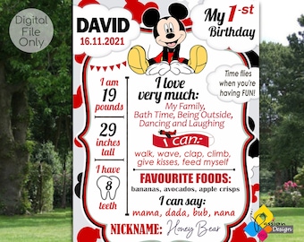 MICKEY MOUSE Meilensteintafel zum Ausdrucken. Erster Geburtstag Micky Maus Meilenstein Zeichen. Personalisiertes Micky Maus Poster zum ersten Geburtstag