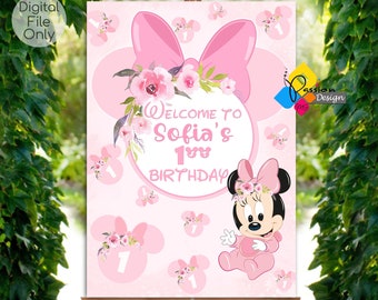 Printable MINNIE MOUSE Birthday Welcome Board. Custom Minnie Mouse Pink Flowers Welcome Sign. Digital Minnie Mouse Poster Party Decor