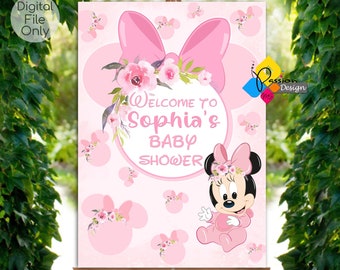 Printable MINNIE MOUSE Baby Shower Welcome Board. Custom Baby Minnie Mouse Welcome Sign. Digital Minnie Mouse Poster. Baby Pink and Flowers