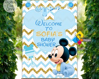 Quadro de boas-vindas para chá de bebê MICKEY MOUSE azul dourado para impressão. Placa de boas-vindas personalizada do Mickey Mouse. Pôster do Mickey Mouse. Festa de bebê do Mickey Mouse