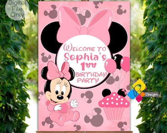 Printable MINNIE MOUSE First Birthday Welcome Board. Custom Minnie Mouse Pink Cake Welcome Sign. Digital Minnie Mouse Poster Party Decor