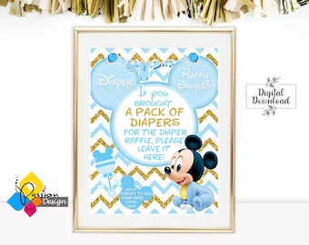 Kit de sorteio de fraldas para bebê MICKEY MOUSE para impressão. Cartaz do sorteio de fraldas para chá de bebê. Placa e ingresso para bebê do Mickey Mouse em ouro azul. Download instantâneo